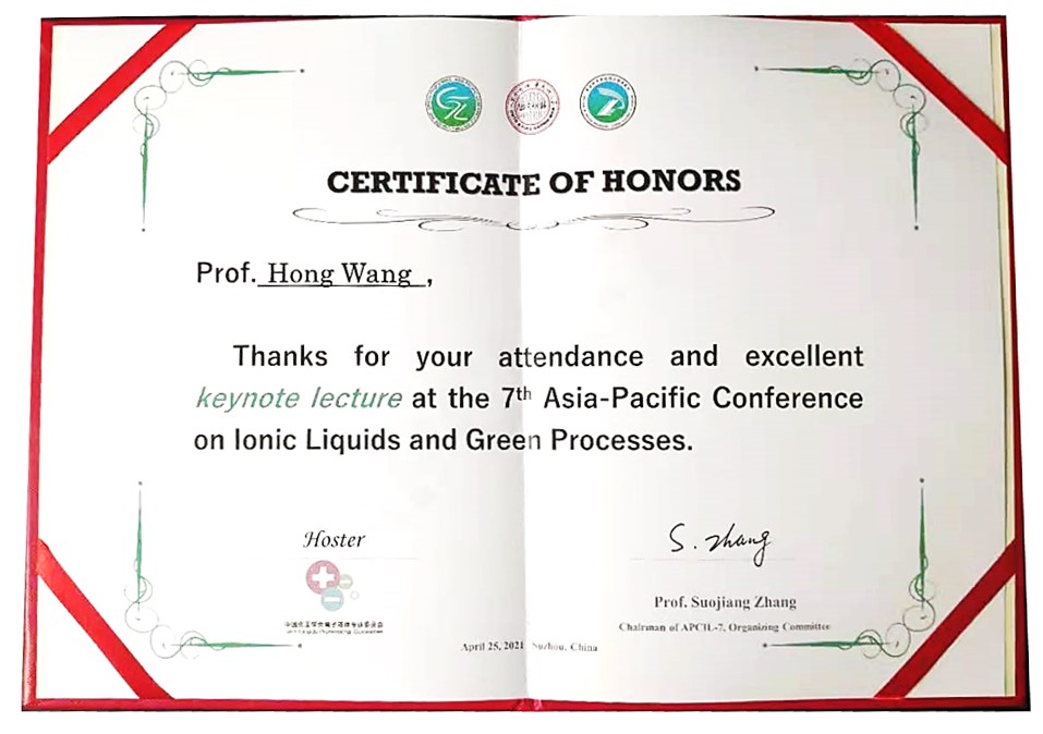 2021/4/23: 王鸿研究员受邀参加 7th Asia-Pacific Conference on Ionic Liquids and Green Processes (APCIL-7)，并做Keynote（主旨）报告！